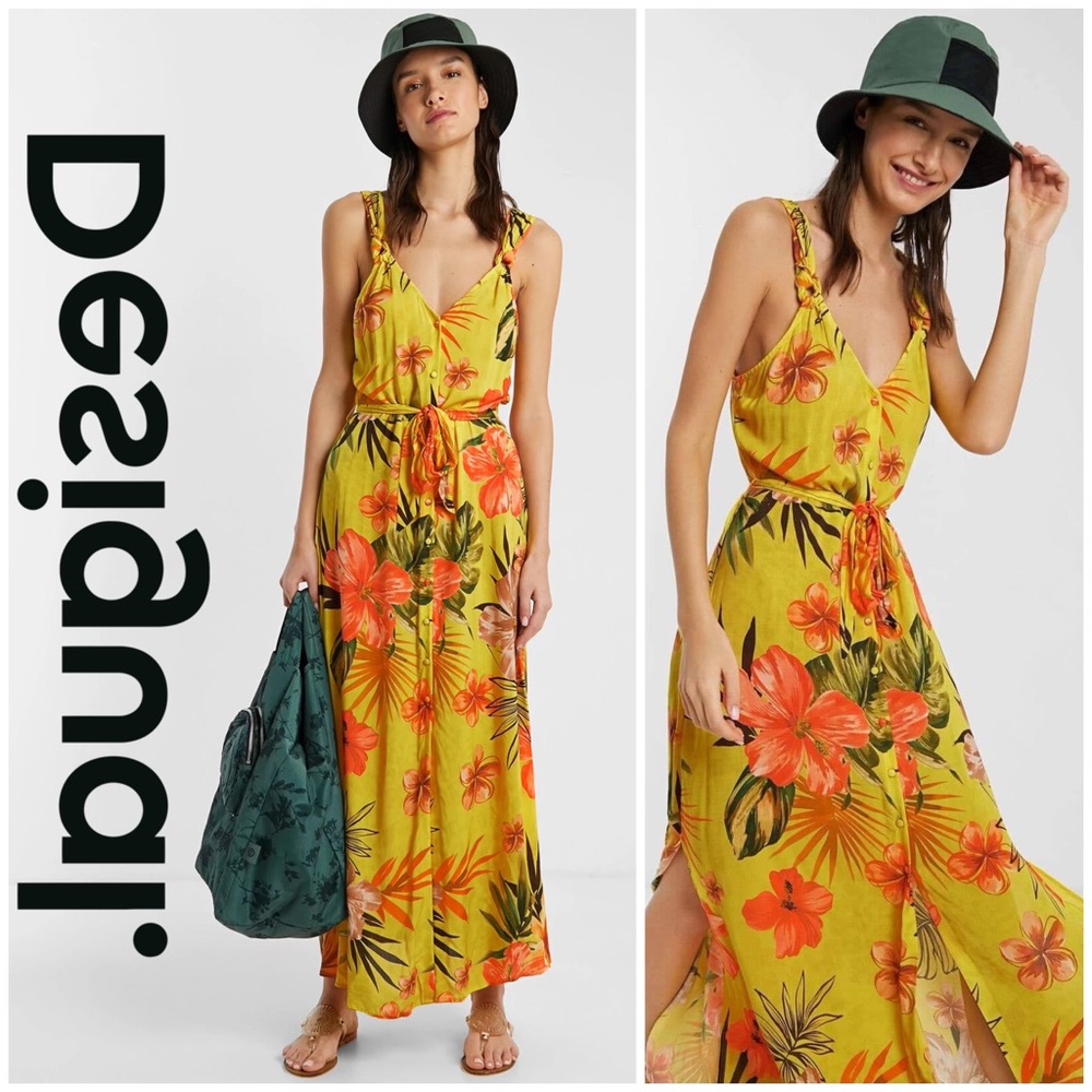 🌺 Desigual, Corcega Tropical Sunset Floral Button-Down Midi Dress